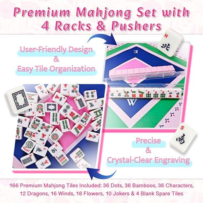 American Mahjong Game Set Complete with 166 Pink Tiles, Noise Reducing Mat, 4 All-in-One Rack/Pushers, Pink Bag & Accessories - Suitable for Adults and Beginners