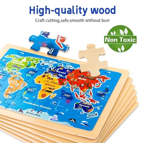 Wooden Puzzles for Toddlers 3-5,6 in 1 Jigsaw Wooden Solar System Puzzles for Ages 4-6,Preschool Educational Brain Toys Birthday Gifts for Boys and Girls 2 4 3 5 Year Old（World Map） - style: World Map