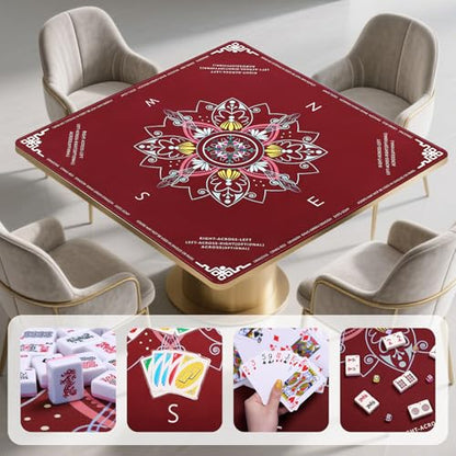 DEVPNR Mahjong Mat for Table with Rules, 32.6"x32.6", Red | Non-Slip Table Cover, Noise-Reducing, with Rules, Portable with Travel Bag, for American Mahjong, Poker, Card & Board Games - color: Red