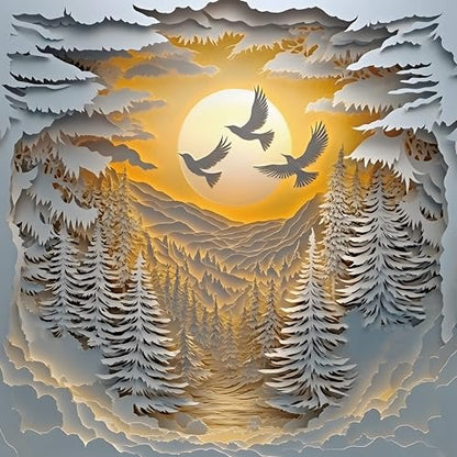 Puzzle for Adults 1024 Pieces, 3D Paper-Cut Winter Forest Sunset Jigsaw Puzzle, Challening Impossible Difficult Hard Fun 1000 Pieces Jigsaw Puzzles for Adults - color: Paper Birds Winter Glow 1024 Pieces
