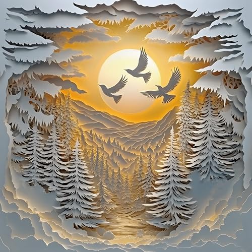 Puzzle for Adults 1024 Pieces, 3D Paper-Cut Winter Forest Sunset Jigsaw Puzzle, Challening Impossible Difficult Hard Fun 1000 Pieces Jigsaw Puzzles for Adults - color: Paper Birds Winter Glow 1024 Pieces