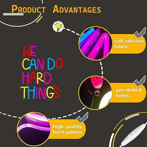 We Can Do Hard Things Neon Sign, Motivational Neon Light LED Classroom Sign USB Dimmable, for Inspirational Classroom Office Library Neon Light Kids Wall Art Bedroom Birthday Party Backdrop(13.3*10.6In) - color: colorful