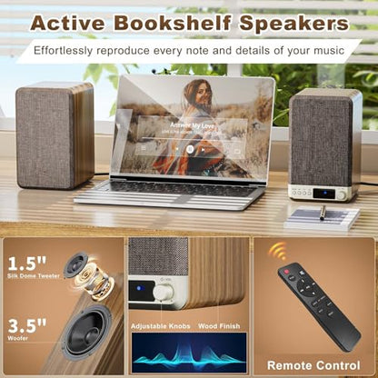 Powered Bookshelf Speakers for Turntable Vinyl Record Player | 30W*2, 3.5 Inch Woofer, AUX/RCA/BT Wired & Wireless Input, Compact Desktop HiFi Stereo Sound Active Speakers for Computer PC - size: 3.5 Inch Woofer
