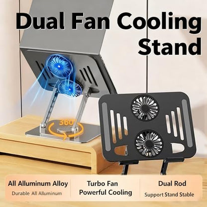 Selbst Laptop Stand for Desk with Quiet Cooling Fans - 360 Rotating Base Ergonomic Computer Stand, Aluminum Laptop Riser Foldable Protable for Office Home fits MacBook Air Pro, Dell, HP (10-17.3'') - color: black