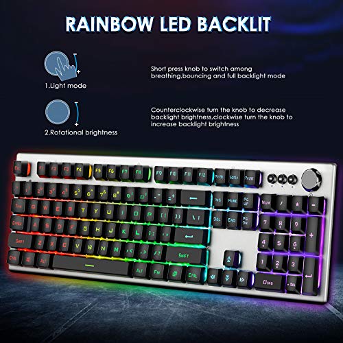 RGB Backlit Gaming Keyboard with Mouse Combo and Mouse pad, Multimedia Keyboard Knob,Mechanical Feel USB Wired Keyboard for Windows PC, Silvery White (10209) - color: silvery white