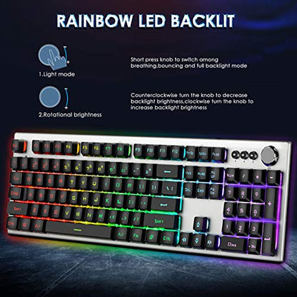 RGB Backlit Gaming Keyboard with Mouse Combo and Mouse pad, Multimedia Keyboard Knob,Mechanical Feel USB Wired Keyboard for Windows PC, Silvery White (10209) - color: silvery white