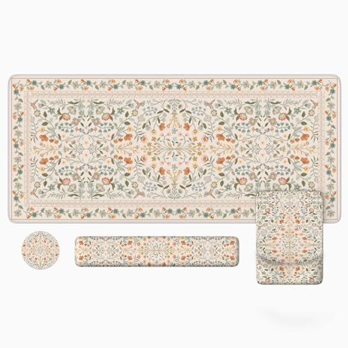 iLeadon Ergonomic Mouse Pad with Wrist Rest, Beige Desk Mat Set | Non Slip Mouse and Keyboard Pad, Cute Desk Pad Mat Sets, Extra Large Desk Cover Mat with Coaster for Women Home Office - color: Beige