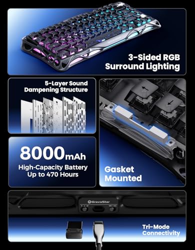 GravaStar Mercury K1 75% Wireless Gaming Keyboard, Aluminum Alloy Mechanical Keyboard with Knob, Hot Swappable, Linear Switches, Transparent Keycaps, RGB Backlit, 2.4GHz/BT5.0/USB【Stealth Black】 - color: Stealth Black