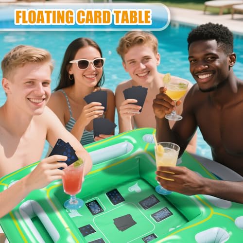 Kaiedos Floating Game Table for Pool - Inflatable Floating Table with Waterproof Playing Cards, 40"x40" Large Pool Float Drinks for Adults, Includes 12 Drink Holders (Green)
