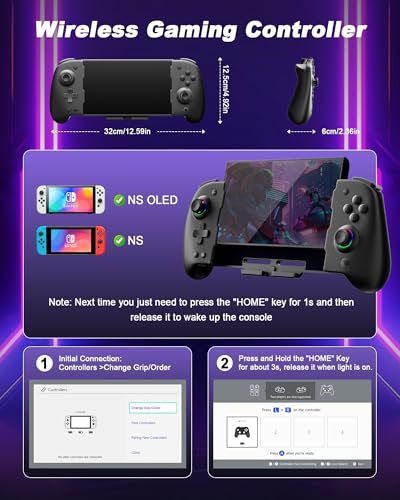 Puiseno Wireless Controllers for Switch, Compatible with Nintendo Switch/Switch OLED, One-Piece Handheld Controller Replacement for Switch Pro Controller with 6-Axis Gyro/Hall Effect Joysticks/8 Lights Color/Turbo/Macro/Dual Vibration/1000mAh Battery/4 Ga