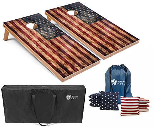 Tailgating Pros Cornhole Board Set w/Bean Bags and Carrying Case - 4'x2' Corn Hole Toss - Tournament and Lightweight Options - Optional LED Lights - color: Distressed American Flag, size: 4'x2' Boards