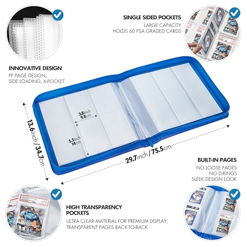 FunGuys Graded Card Binder, 60 PSA Slab Holder, 6 Pocket Graded Card Storage, Slab Binder, PSA Card Graded Display Case Album, Zipper, MTG Card Collection Binder - color: Black and Blue