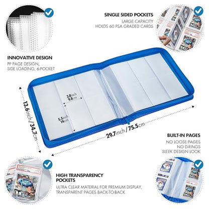 FunGuys Graded Card Binder, 60 PSA Slab Holder, 6 Pocket Graded Card Storage, Slab Binder, PSA Card Graded Display Case Album, Zipper, MTG Card Collection Binder - color: Black and Blue