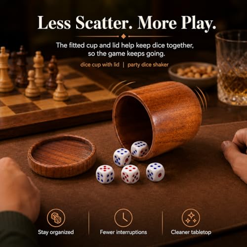 Toddmomy Wooden Dice Cup with Lid and Tray, Solid Wood Shaker Set with 5 Dice for Bar KTV Party, Board Game Accessories for Game Night
