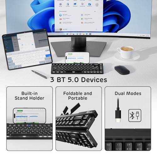 RK ROYAL KLUDGE F68 60% Foldable Low Profile Wireless Mechanical Keyboard | Extremely Portable Wireless Keyboard with Aluminum Body, Built-in Stand Holder, 68 Keys Foldable Compact Keyboard BT5.0 - color: Black