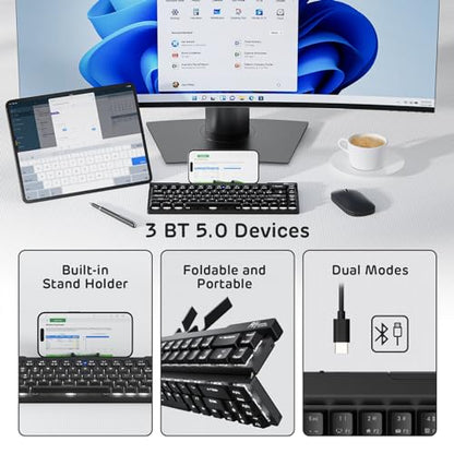 RK ROYAL KLUDGE F68 60% Foldable Low Profile Wireless Mechanical Keyboard | Extremely Portable Wireless Keyboard with Aluminum Body, Built-in Stand Holder, 68 Keys Foldable Compact Keyboard BT5.0 - color: Black