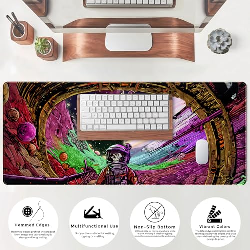 Strange Planet Desk Mat Space Scene Large Gaming Mouse Pad Extended Anime Vibrant Colors Desk Pad Futuristic Spaceship Mousepad XL Cosmic Adventure Skeleton Keyboard Mouse Mat 31.5"x11.8" - color: Strange Planet
