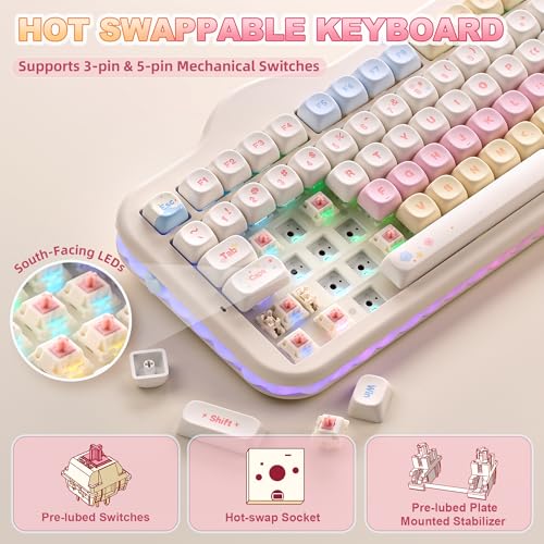 YUNZII C98 Cute Cake Wireless Mechanical Keyboard (Beige, Candy Switch) | 99 Keys with Number Pad, Hot Swap, PBT MOA Keycaps, BT5.0/2.4G/USB-C, Gasket Mount, Custom RGB Backlit for Win/Mac - color: Beige, size: Candy Linear Switch
