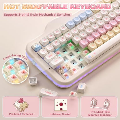 YUNZII C98 Cute Cake Wireless Mechanical Keyboard (Beige, Candy Switch) | 99 Keys with Number Pad, Hot Swap, PBT MOA Keycaps, BT5.0/2.4G/USB-C, Gasket Mount, Custom RGB Backlit for Win/Mac - color: Beige, size: Candy Linear Switch