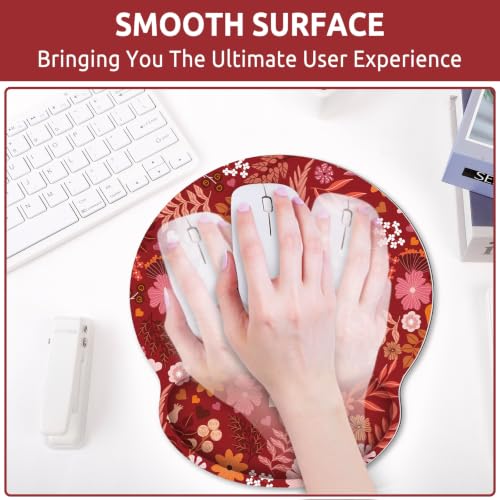 KONVINIT Ergonomic Mouse Pad with Wrist Rest, Small Mousepad with Non-Slip Rubber Base and Smooth Surface, Red Mouse Pads for Desk, Office Desk Accessories - color: Red Flowers