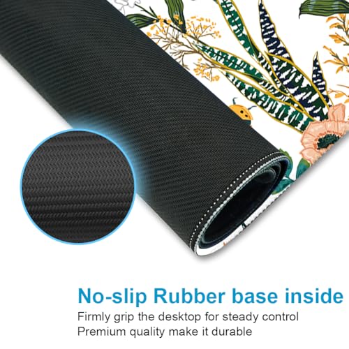 XXL Waterproof Office Desk Pad Protector 35.4x15.7 Inch - Extended Gaming Mouse Pad with Non-Slip Rubber Base, Thickened Keyboard Mat, Stitched Edges & Floral Flowers Design - color: Red
