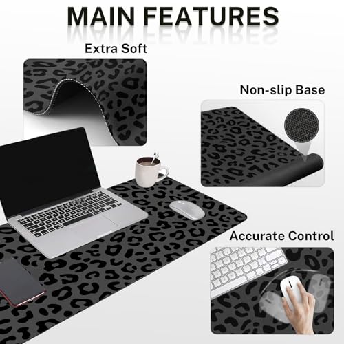 Britimes Grey Leopard Cheetah Keyboard Mouse Pad Set Black Animal 4in1 Large Mousepad+Keyboard Wrist Rest+Mouse Wrist Rest+Coaster Ergonomic Design for Home Office Computer 35.4x15.7 inches - color: Black Grey Leopard