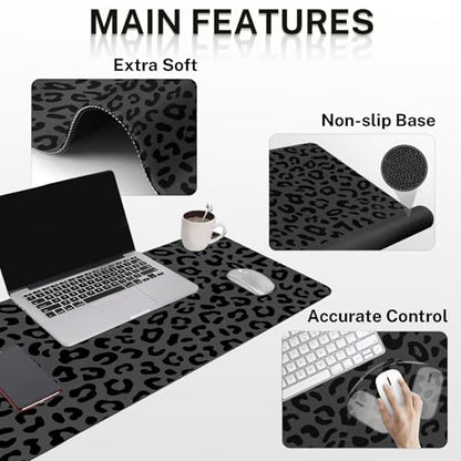 Britimes Grey Leopard Cheetah Keyboard Mouse Pad Set Black Animal 4in1 Large Mousepad+Keyboard Wrist Rest+Mouse Wrist Rest+Coaster Ergonomic Design for Home Office Computer 35.4x15.7 inches - color: Black Grey Leopard