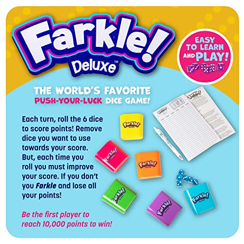 Farkle Deluxe Dice Games Set Includes 36 Colorful Dice, 6 Rolling Cups, Rolling Tray, and Score Sheets The Classic Push-Your-Luck Dice Game - style: Deluxe