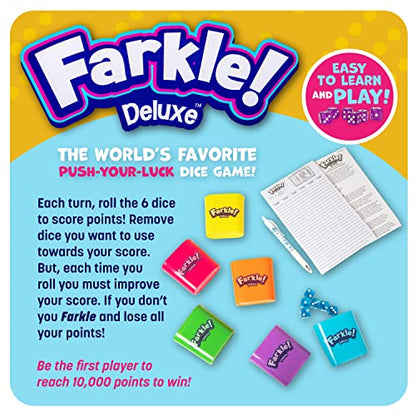 Farkle Deluxe Dice Games Set Includes 36 Colorful Dice, 6 Rolling Cups, Rolling Tray, and Score Sheets The Classic Push-Your-Luck Dice Game - style: Deluxe