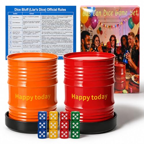 Lies Dice Game Set with 2 Gas Can Shaped Dice Cups, 12 Colorful Dice and Base, for 2-6 Players, Party and Family Fun (red+Orange) - color: Red+orange