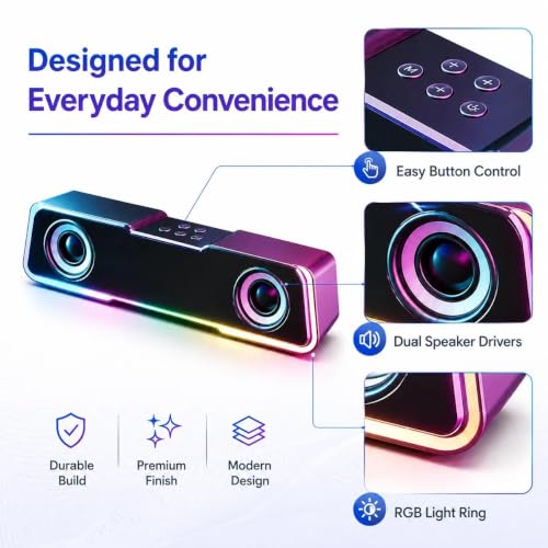 RGB Computer Soundbar Speakers for PC USB Desktop Stereo Speaker Gaming | Dual drivers deliver balanced stereo sound with enhanced clarity for music, gaming, movies and calls.