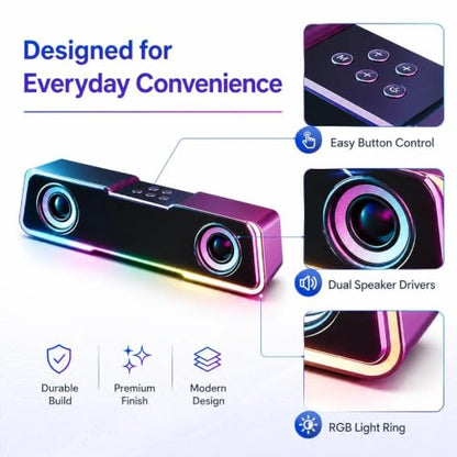RGB Computer Soundbar Speakers for PC USB Desktop Stereo Speaker Gaming | Dual drivers deliver balanced stereo sound with enhanced clarity for music, gaming, movies and calls.