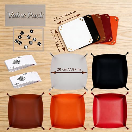 5 Pack Tray Catchall Dishes Mat Bundle with Rolling Cubes Dice & Card Game | Smooth PU Leather, Four-Corner Snap Assembly, Spill Resistant Surface, Compact Foldaway Storage, Lightweight, Damp Cloth Wipe