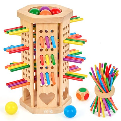 Montessori Wooden Board Game, 42-Stick Dice Game, Math Puzzle Toy for Kids 3 4 5 6 Years Old, Develops Fine Motor Skills and Counting, Perfect for Family Nights, Gift for Boys and Girls