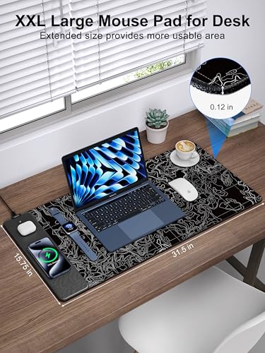 TopMade Mouse Pad with 15W Fast Wireless Charging, 31.5"x15.75" XXL Large Gaming Waterproof Desk Pad, Computer Desk Mat, Black Topographic Map #3 (Includes 20W PD Power Adapter & 6.56ft Woven Cable) - color: Black Topographic Map #3 With Adapter