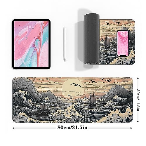 Japanese Sea Waves Large Gaming Mouse Pad,XL Mouse Pad Gaming Mouse Mat Desk Pad,31.5 x 11.8in Desk Mat Anime Mouse Pads for Desk,Extended Keyboard Pad Mousepad with Non-Slip Base and Stitched Edge - color: Japanese Waves