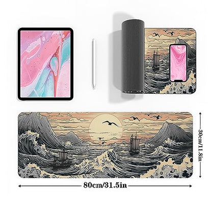 Japanese Sea Waves Large Gaming Mouse Pad,XL Mouse Pad Gaming Mouse Mat Desk Pad,31.5 x 11.8in Desk Mat Anime Mouse Pads for Desk,Extended Keyboard Pad Mousepad with Non-Slip Base and Stitched Edge - color: Japanese Waves