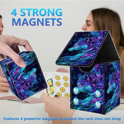 Card Deck Box for Trading Cards,MTG Commander Deck Box Fits 100+ Single Sleeved Cards,Leather Magnetic Card Storage Box for YuGiOh TCG CCG Cards,Purple Wolf - color: Purple Wolf