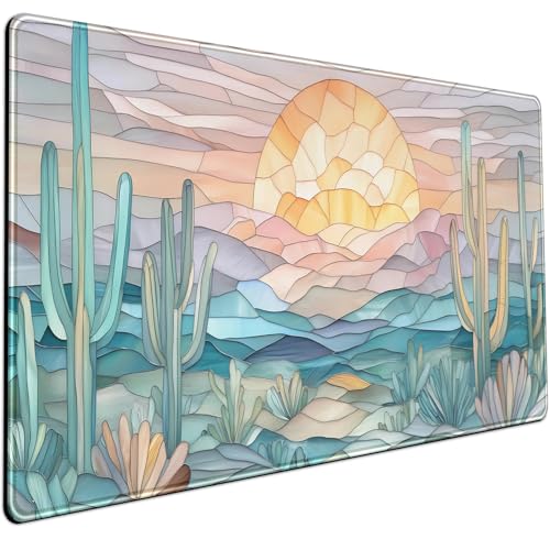 Desk Mat Gaming Abstract Ocean Desk Pad Large Mouse and Keyboard Pad, Faux Stained Glass Sun & Waves Mouse Mat XXL Desk Protector, Computer Mats for Desktop Sun & Waves Office Decor 31.5" X 15.7" - color: Faux Stained Glass
