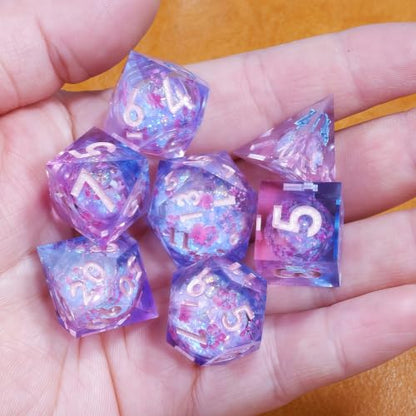 DND Dice Set, Handmade Resin Polyhedral Dice, Cherry Blossom Design, Sharp Edges, 7 Piece Set for TRPG RPG - color: Sakura Shimmer