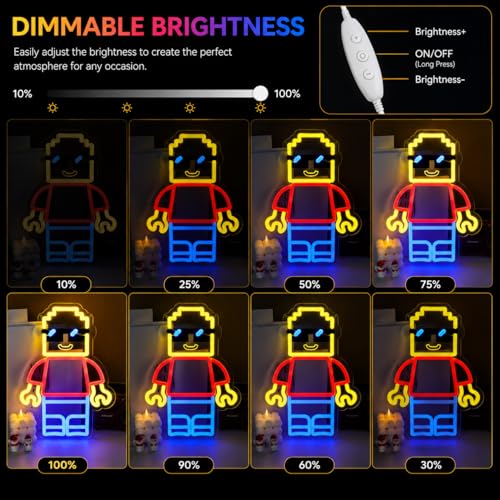 Building Blocks Man Neon Signs for Wall Decor - Block Figure LED Signs with Dimmer Switch, 8.7"x11.8", UV Printed, 5V Power Neon Lights for Boys Roo