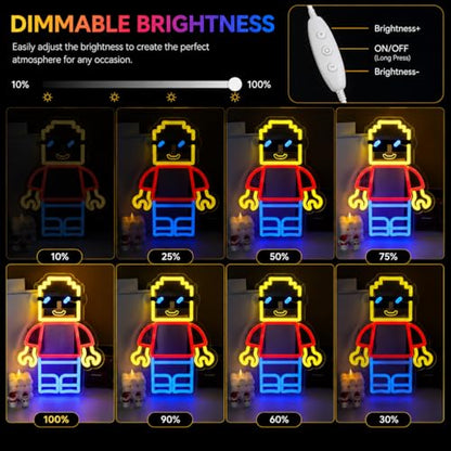 Building Blocks Man Neon Signs for Wall Decor - Block Figure LED Signs with Dimmer Switch, 8.7"x11.8", UV Printed, 5V Power Neon Lights for Boys Roo