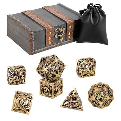 7PCS DND Dice Set, Premium Hollow Metal Polyhedral Dice with Treasure Chest & Dice Bag, Gift for Men & Women, Dungeons and Dragons, TTRPG RPG Tabletop Games (Antique Gold Copper) - color: Antiquegold-copper