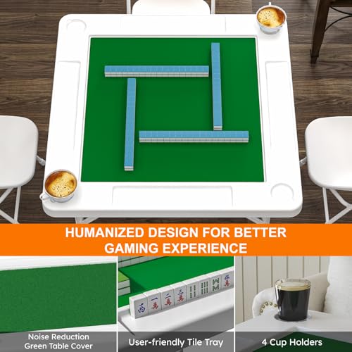 Mahjong Table, 35.4" Square Folding Card Table with Green Felt, Chip Trays, 4 Cup Holders, Multi-Game, Domino and Poker Tables for 4 Players, Portable Foldable Tables for Jigsaw Puzzles - color: White