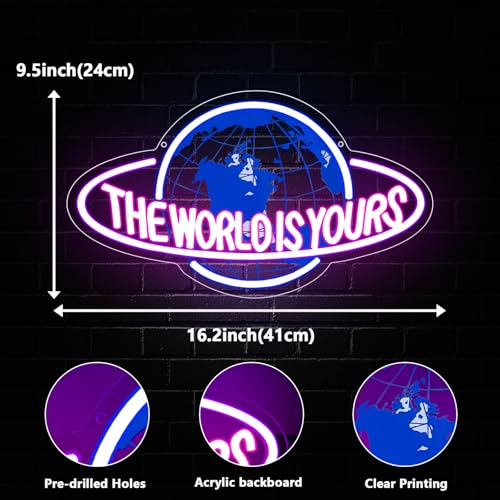 The World is Yours Neon Sign, Led Neon Light Signs for Game Room Wall Decor Gaming Planet LED Light up Sign Lamp for Man Cave Party Bedroom Bar Birthday Gamer Gift Dimmable USB Powered(16.2"*9.5") - style: The World 1