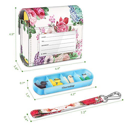 FINPAC Weekly Pill Organizers 4 Times A Day, Slide Open PU Leather Case Travel Pill Vitamin Medicine Reminder and Planner with Name Card for Morning| Afternoon| Evening| Bedtime (Flower Festival) - color: Flower Festival
