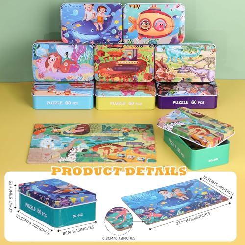 Libima 9 Boxes Party Favors Jigsaw Puzzles in a Metal Box for Birthday Favors Supplies Wooden Puzzle Gifts, 9 Styles, 60 Pieces Each(Lovely Style) - style: Lovely Style
