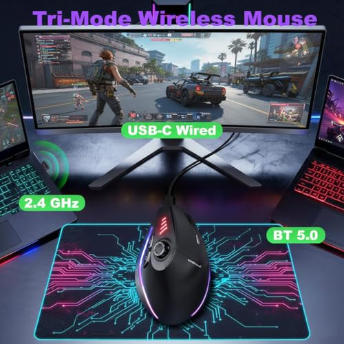 TKMARS Ergonomic Vertical Gaming Mouse with 5-Way Thumb Joystick, Tri-Mode Wireless, 12 Programmable Buttons, Up to 24000 DPI, Rechargeable RGB Mouse for Gaming, Work and Creative Tasks