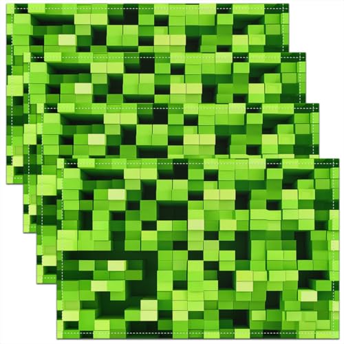 Pixelated Miners Game Kids Placemats Set of 4,Video Games Gamepad Gaming Table Place Mats,Modern Geometric Square Kitchen Decor,Light Green Placemat Kitchen Table Decoration 12"x18" - color: A-light Green
