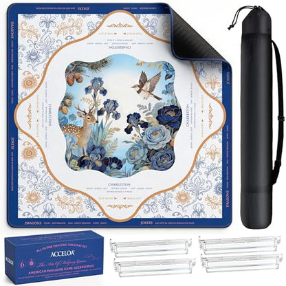 American Mahjong Mat and Racks Set: 31.5" x 31.5" Waterproof Neoprene | Includes 4 clear acrylic racks, rules card, carrying bag and gift box – ready to play, great for gifting(Blue Deer) - color: Blue Deer